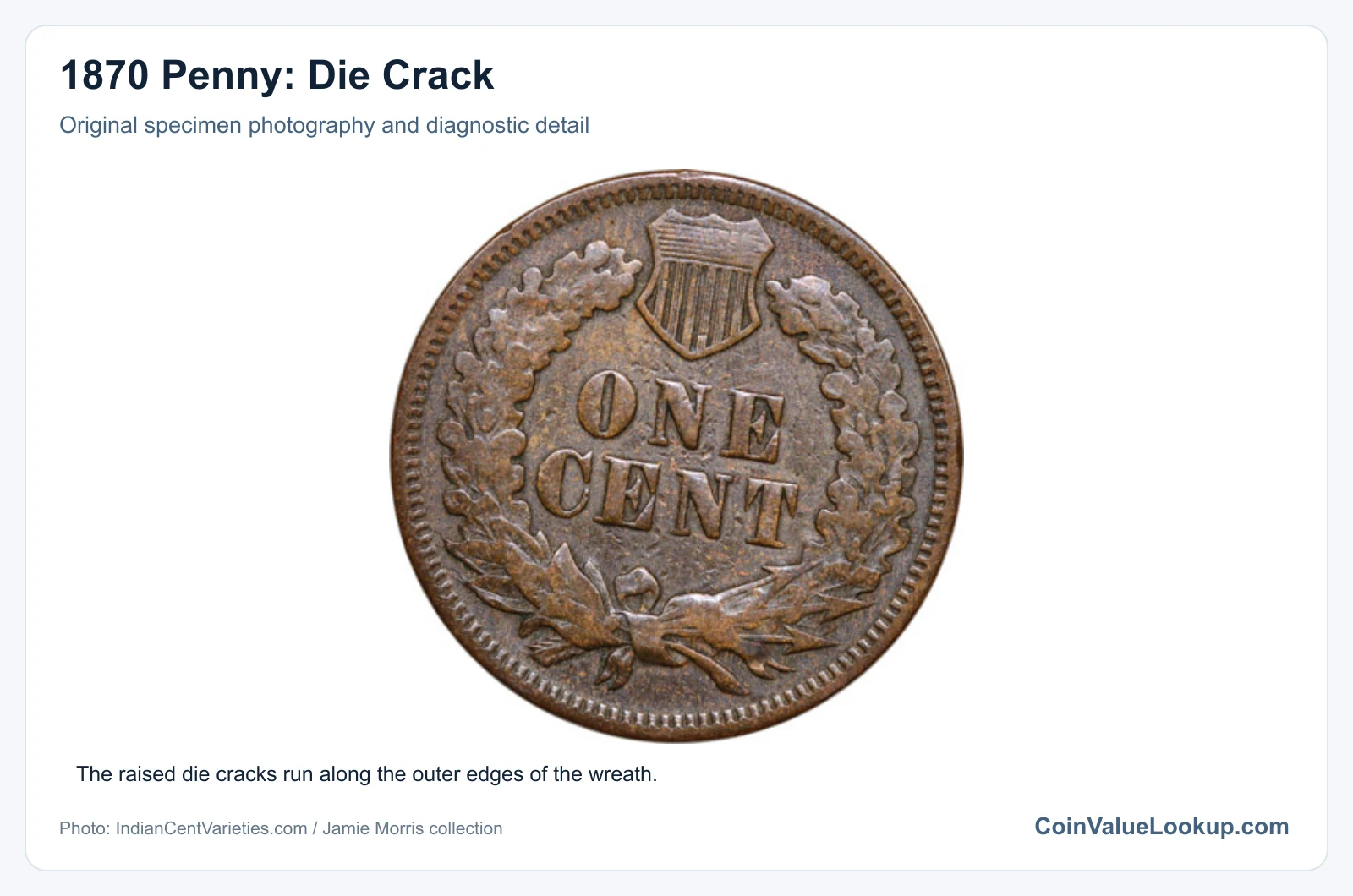 1870 Penny: Die Crack with diagnostic detail