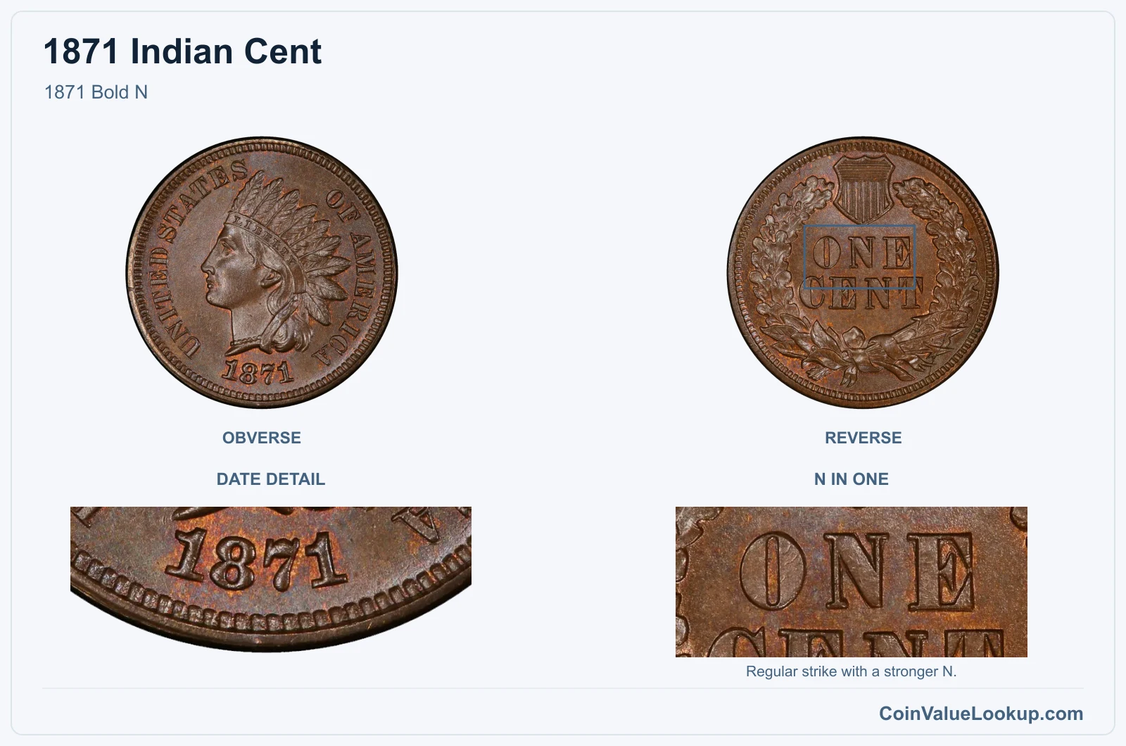 1871 Indian Cent 1871 Bold N, with n in one