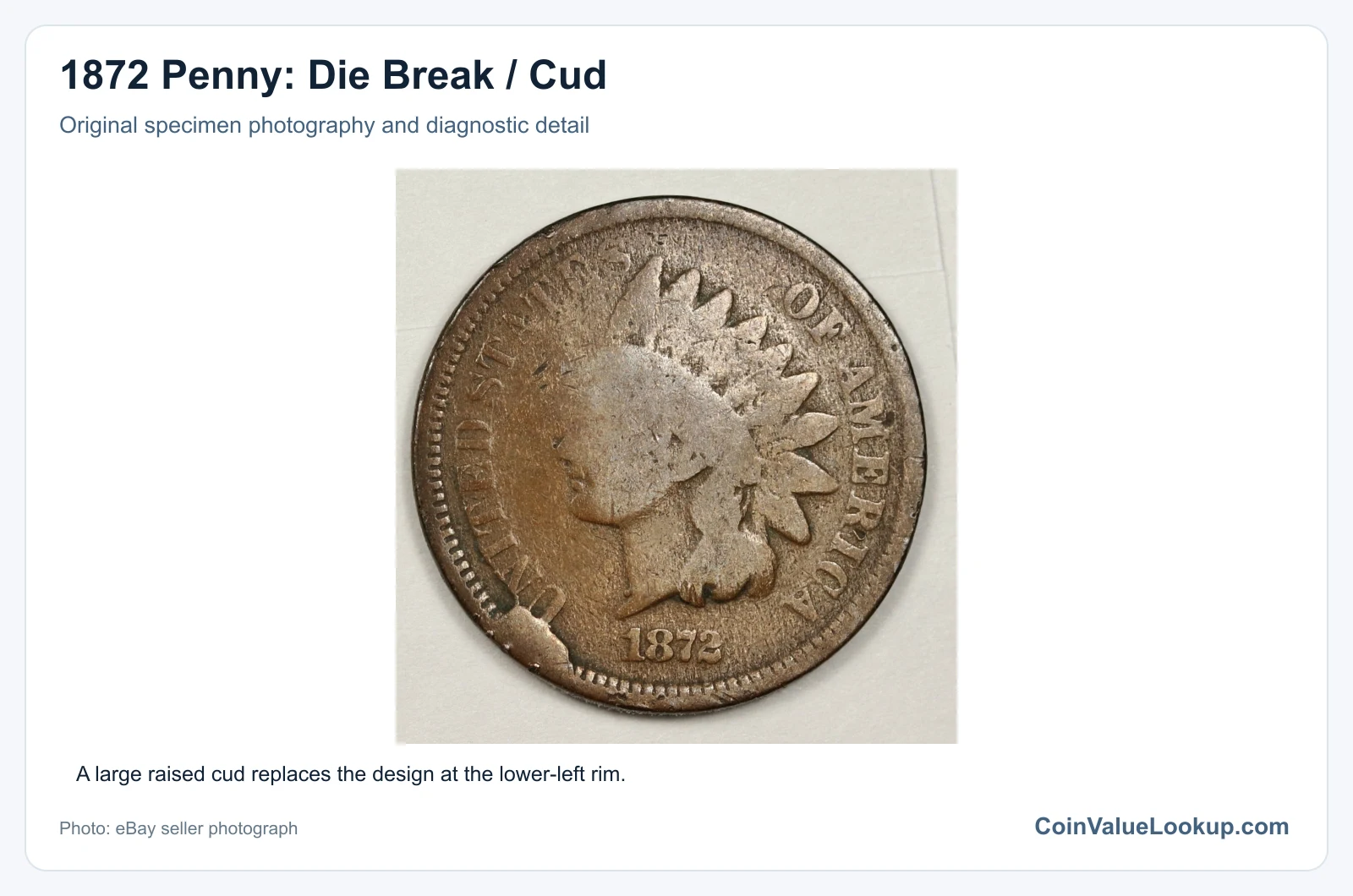 1872 Penny: Die Break / Cud with diagnostic detail