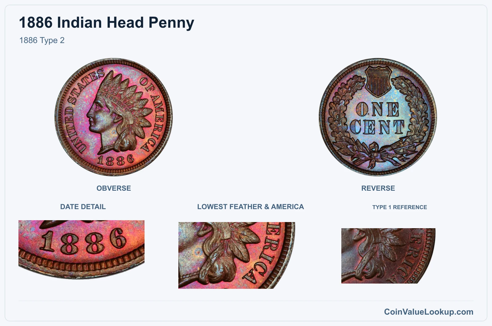 1886 Type 2 with genuine lowest feather & america and same-year reference