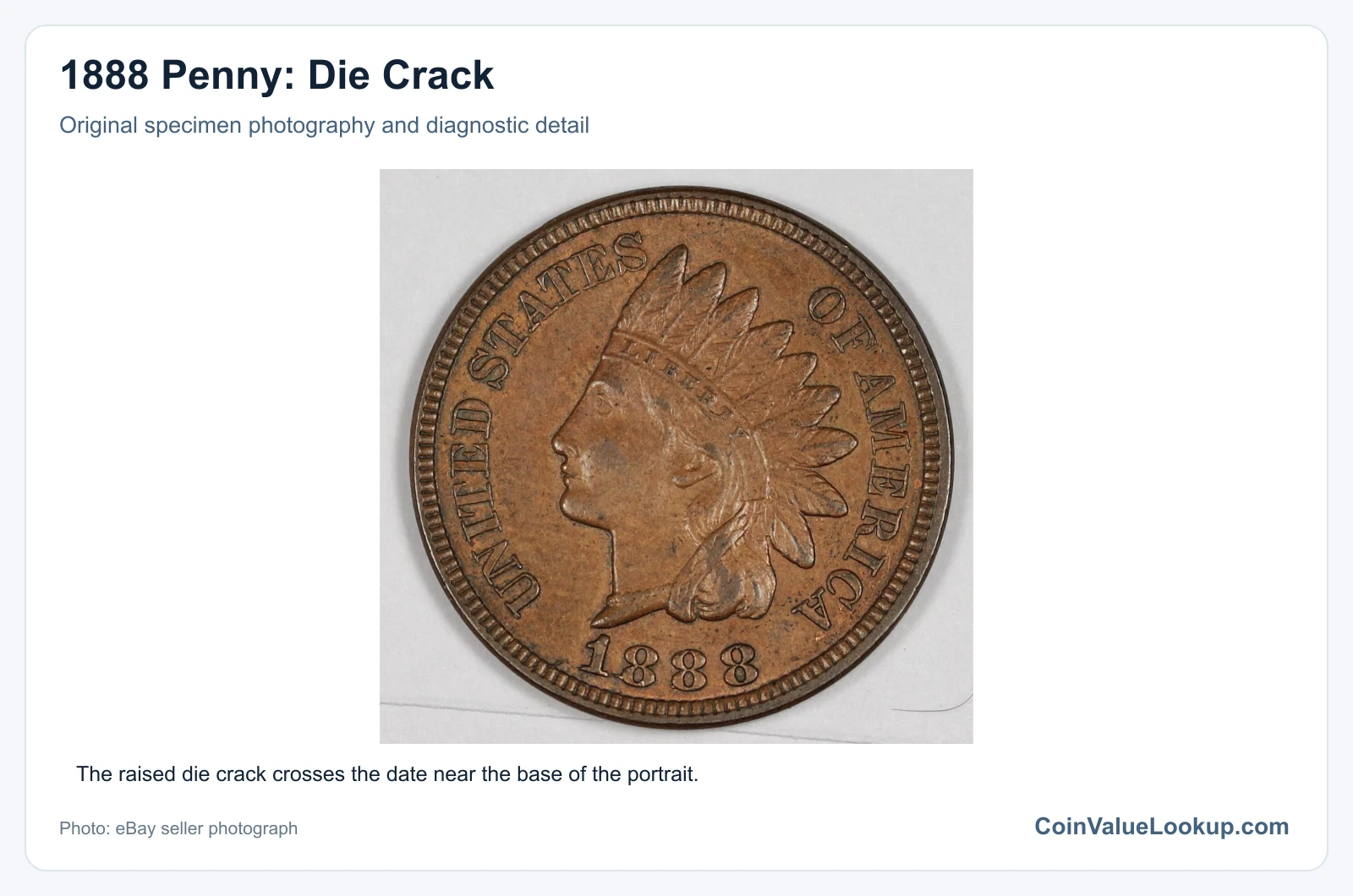 1888 Penny: Die Crack with diagnostic detail