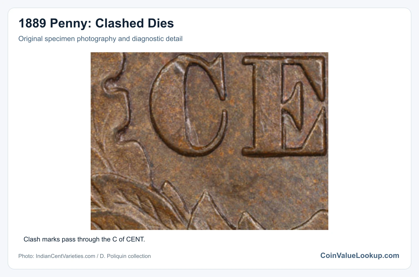 1889 Penny: Clashed Dies with diagnostic detail