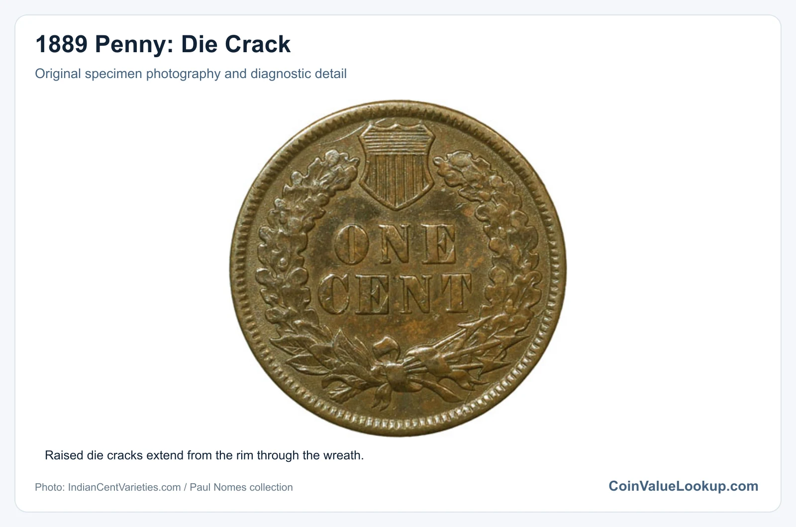 1889 Penny: Die Crack with diagnostic detail