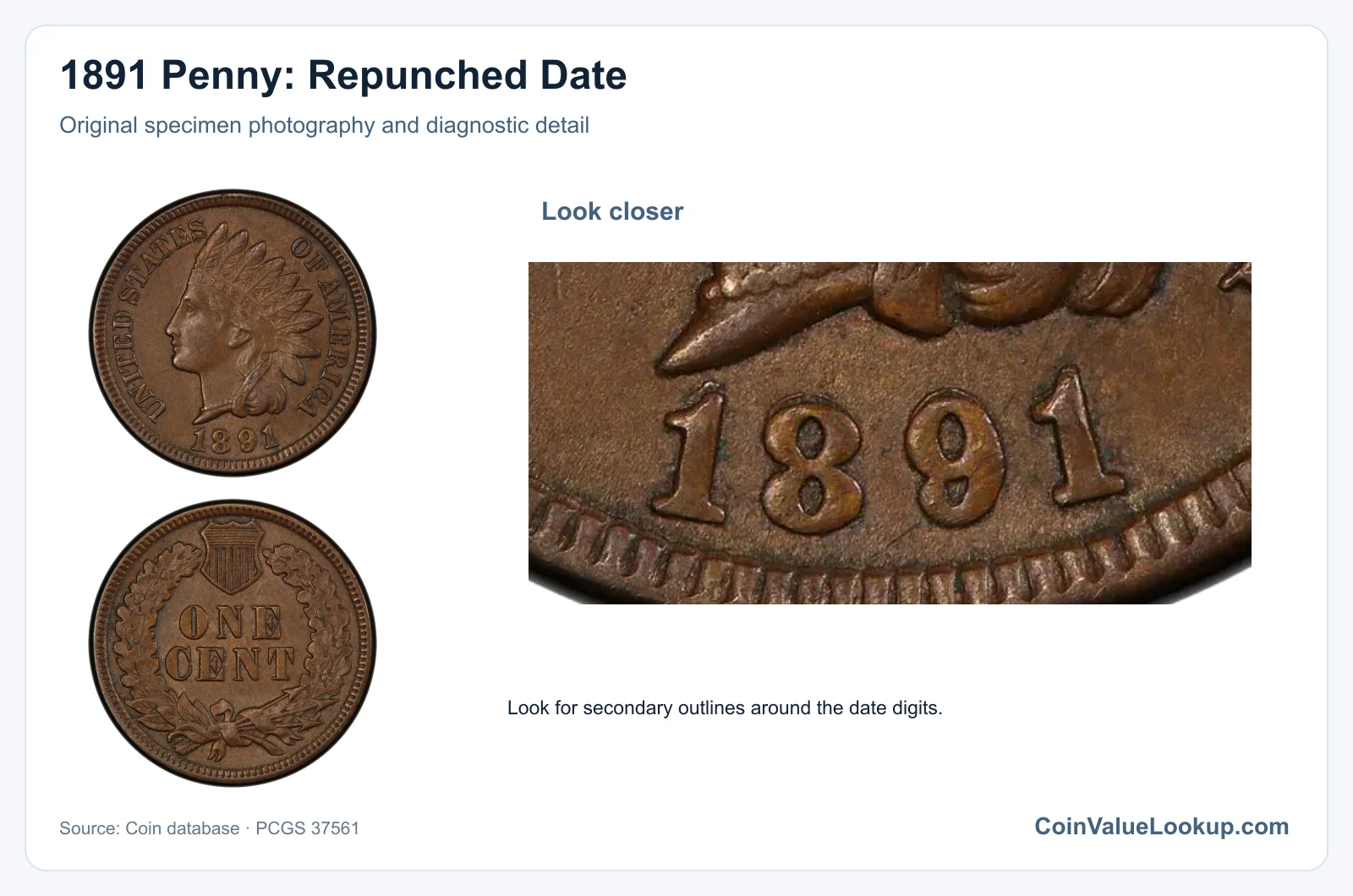 1891 Penny: Repunched Date with diagnostic detail