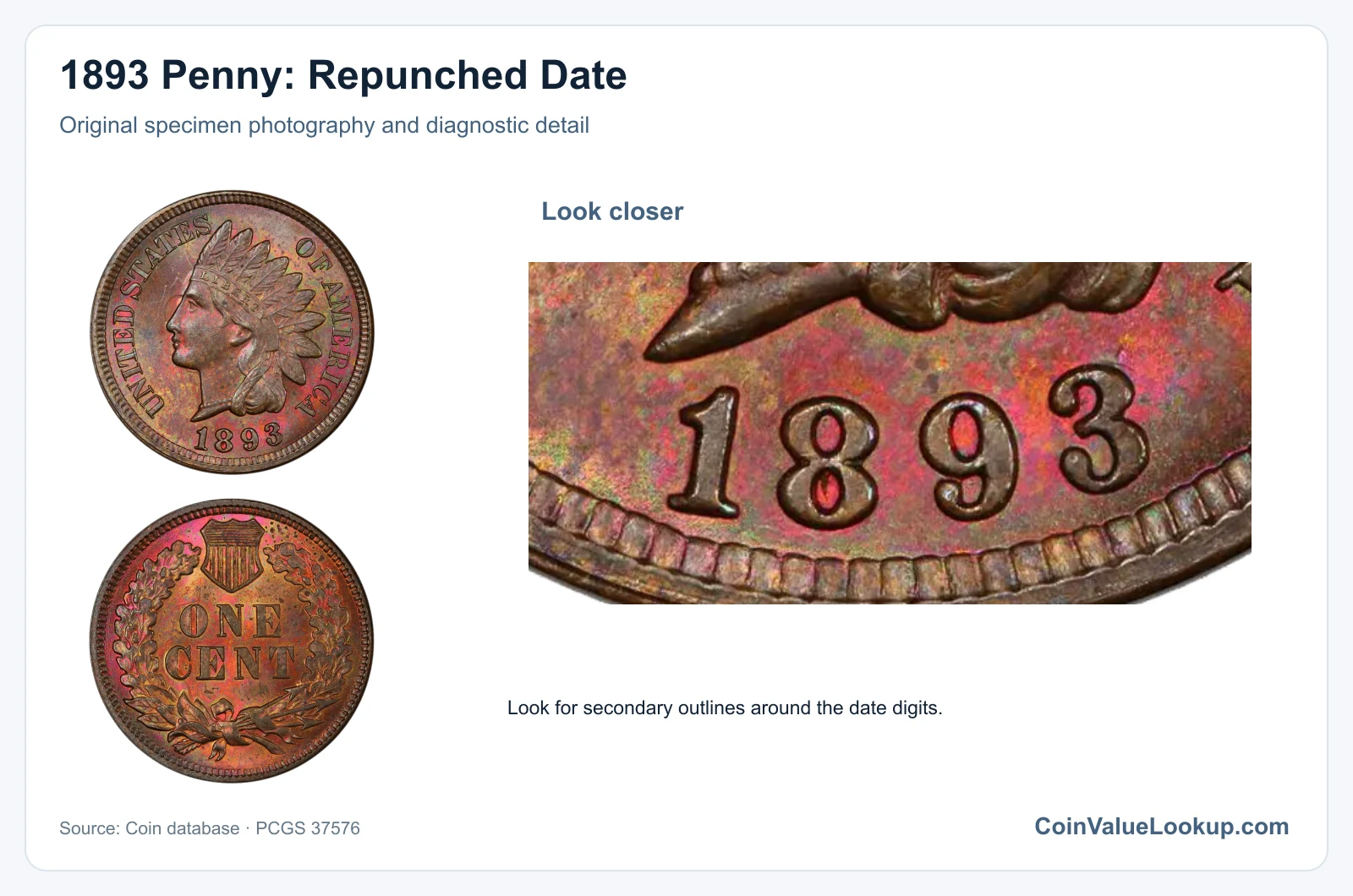 1893 Penny: Repunched Date with diagnostic detail