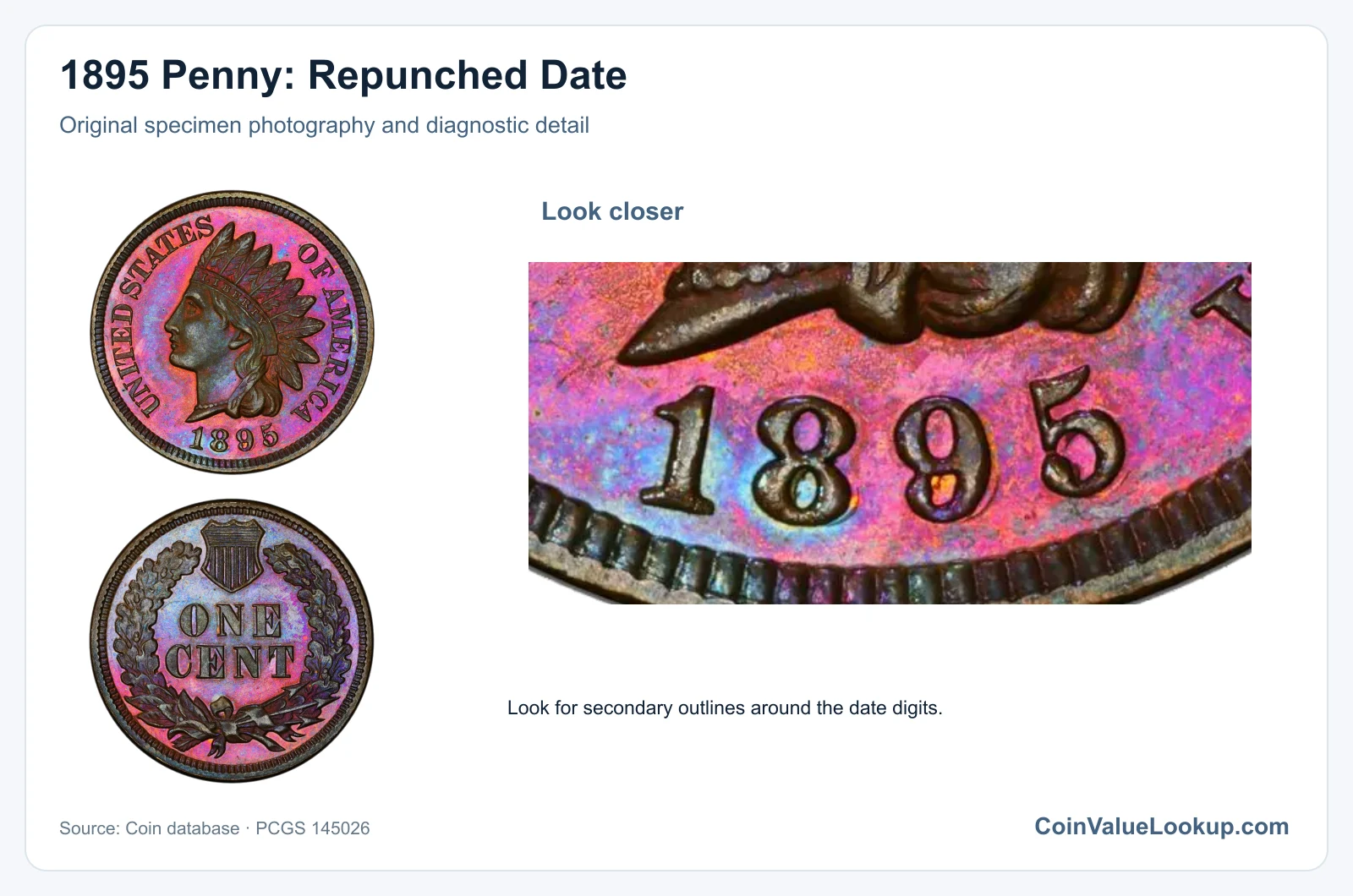 1895 Penny: Repunched Date with diagnostic detail