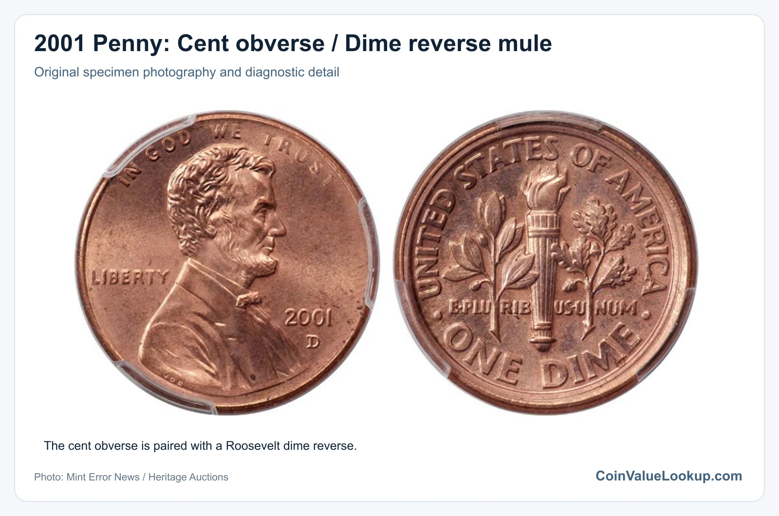 2001 Penny: Cent obverse / Dime reverse mule with diagnostic detail