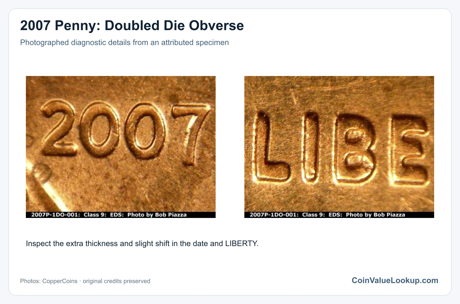2007 Penny: Doubled Die Obverse with diagnostic detail