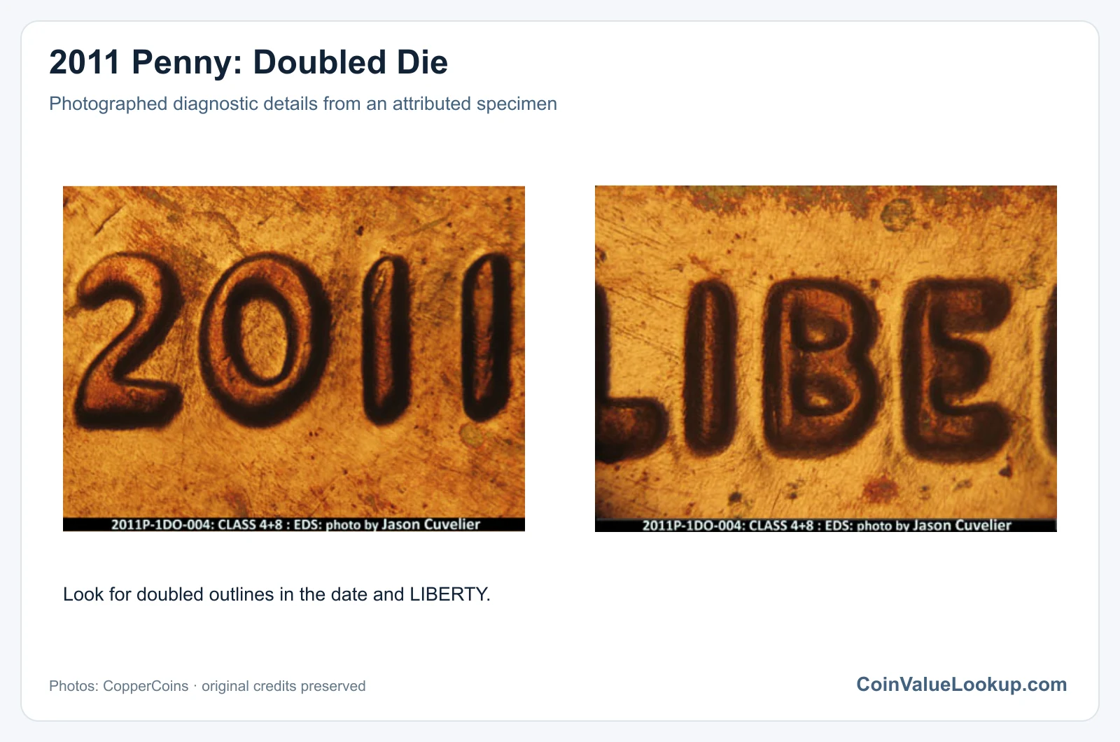 2011 Penny: Doubled Die with diagnostic detail
