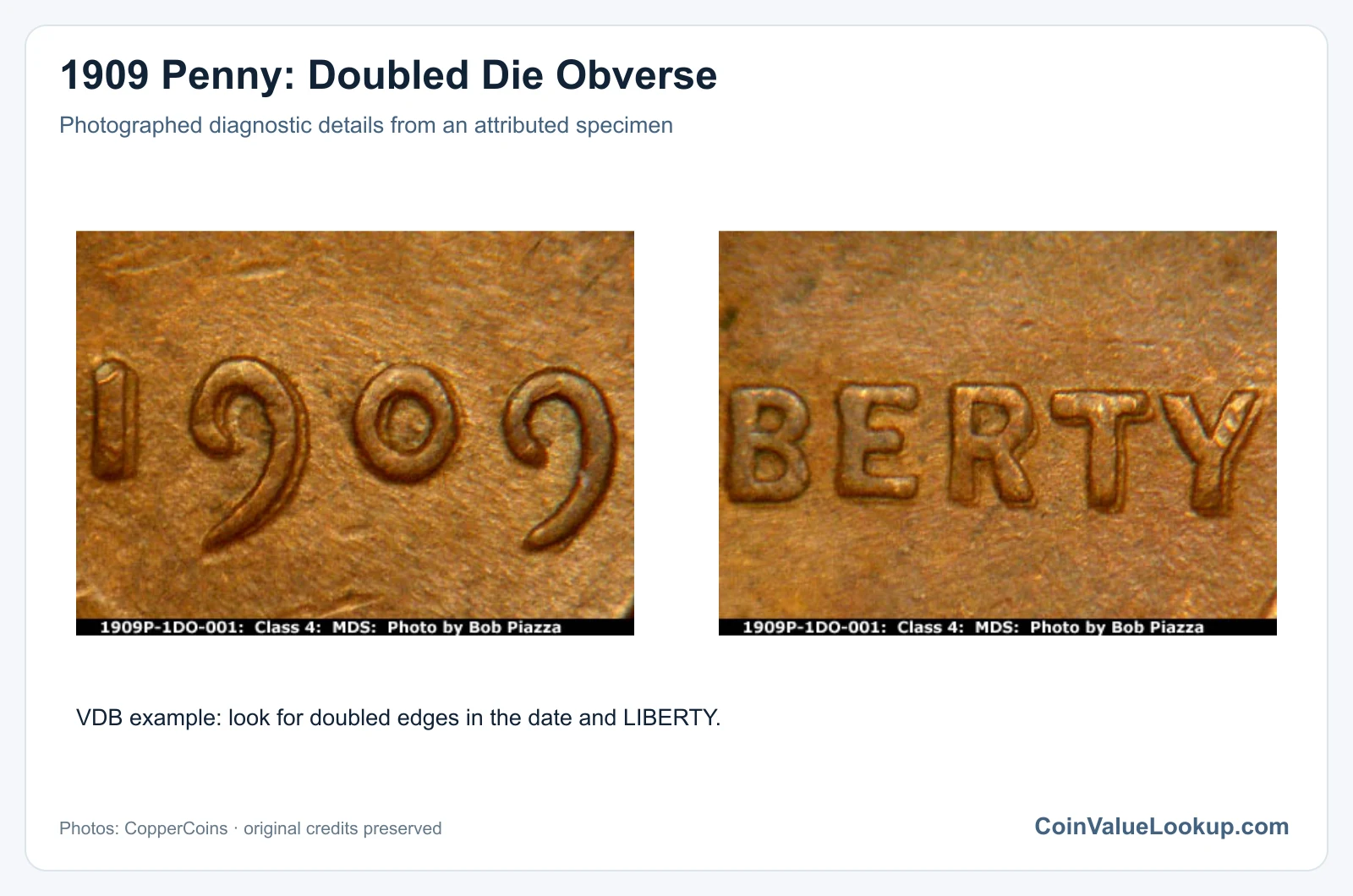 1909 Penny: Doubled Die Obverse with diagnostic detail