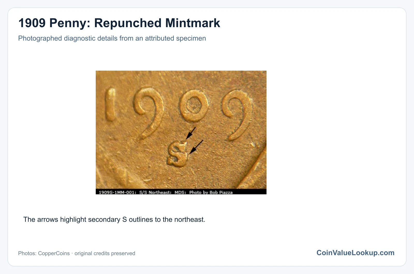 1909 Penny: Repunched Mintmark with diagnostic detail
