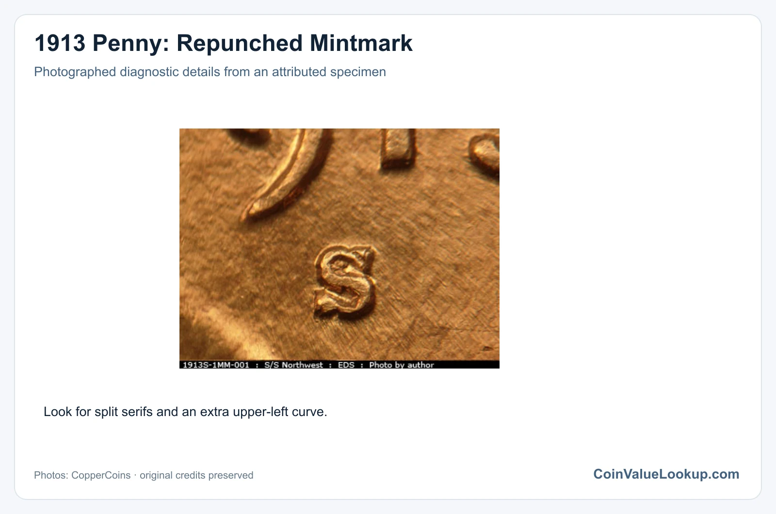 1913 Penny: Repunched Mintmark with diagnostic detail