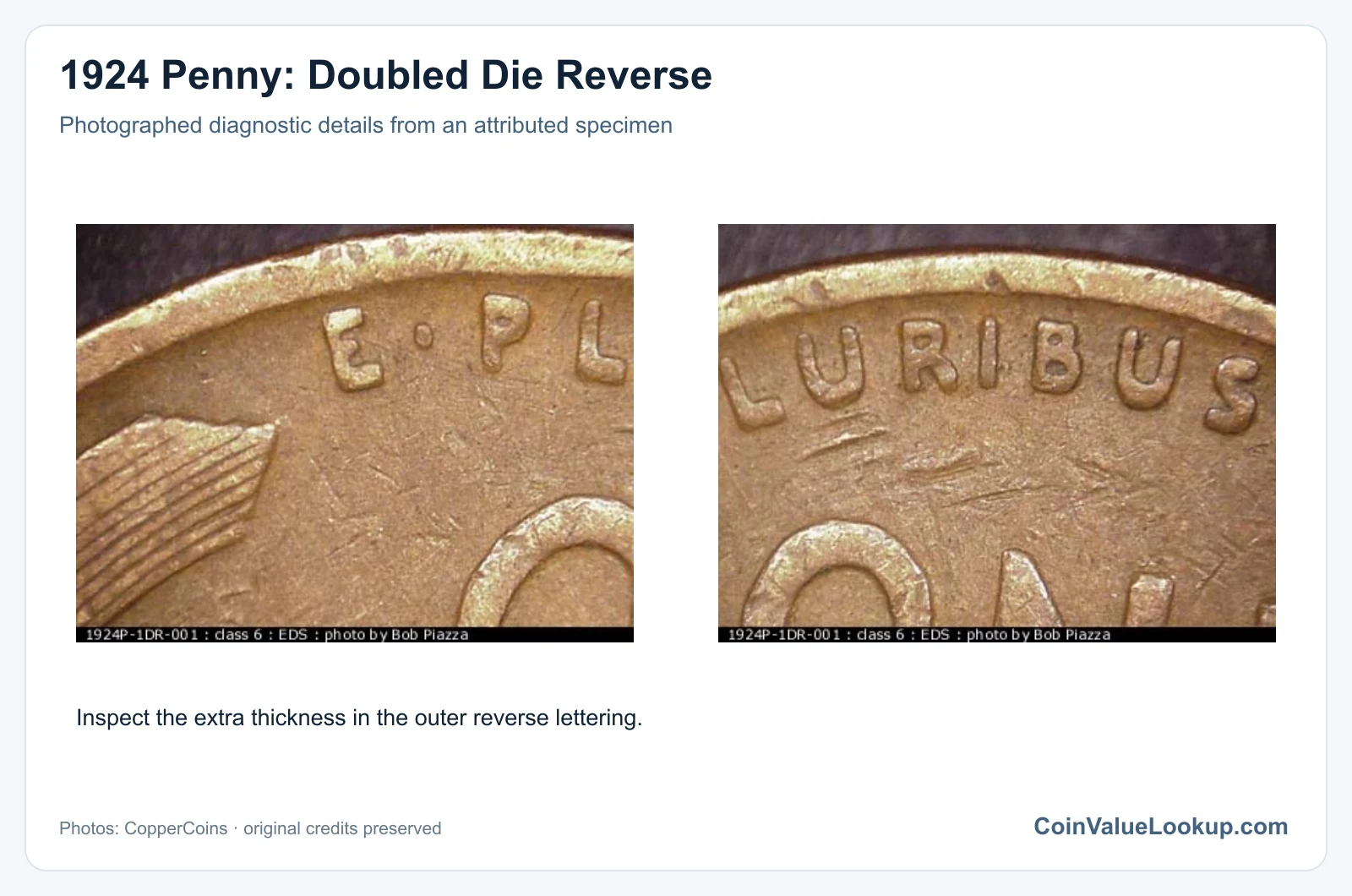 1924 Penny: Doubled Die Reverse with diagnostic detail