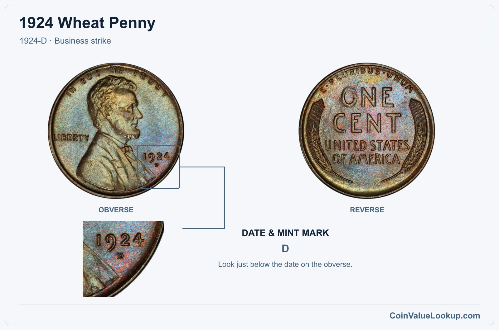 1924 Wheat Penny Coin — 1924-D, obverse and reverse, with date and mint-mark close-up