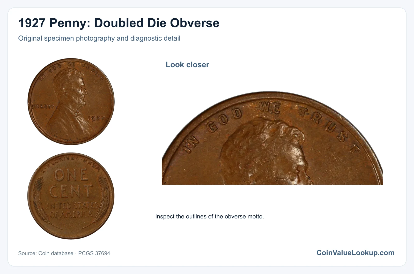 1927 Penny: Doubled Die Obverse with diagnostic detail