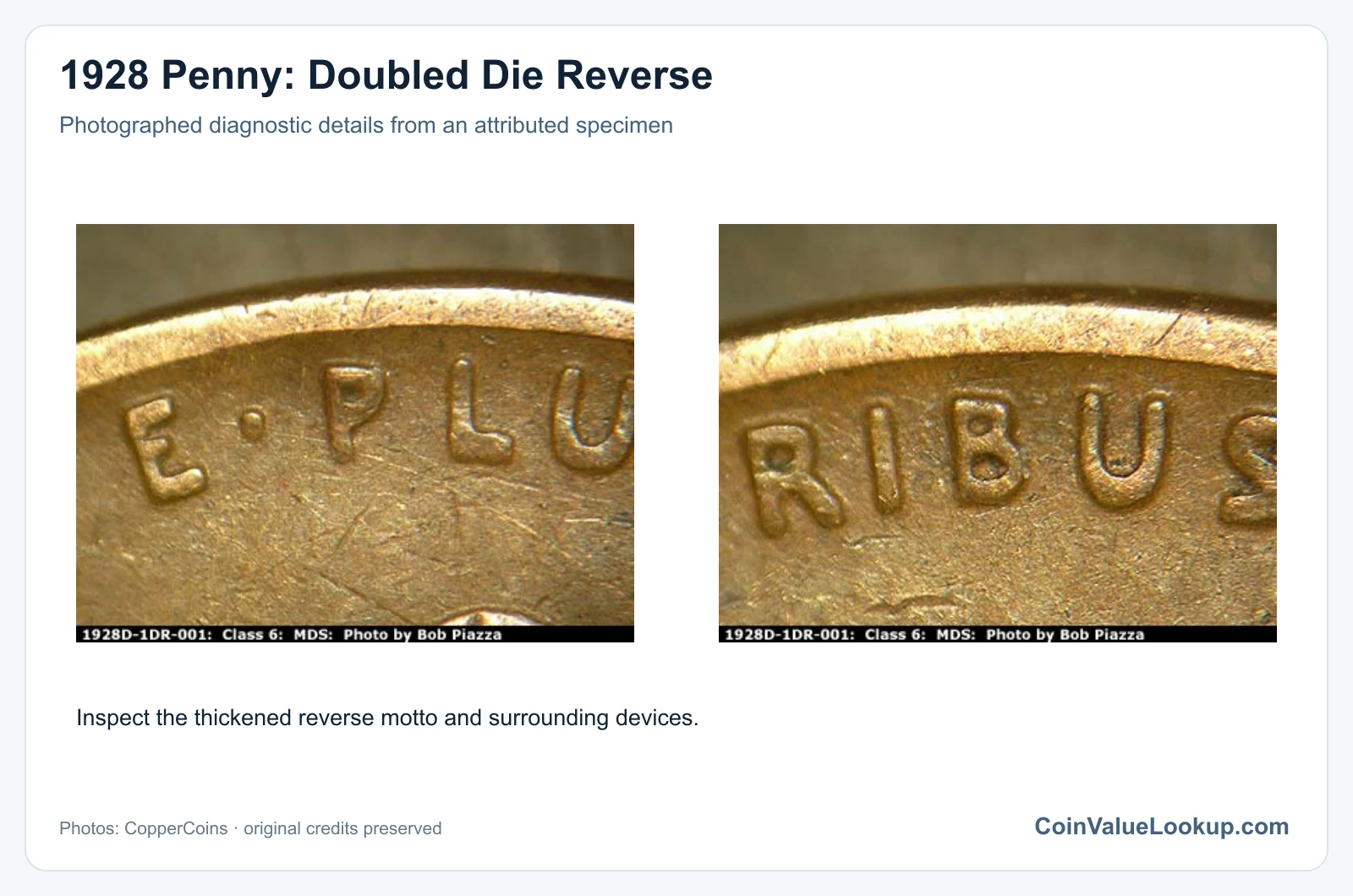 1928 Penny: Doubled Die Reverse with diagnostic detail