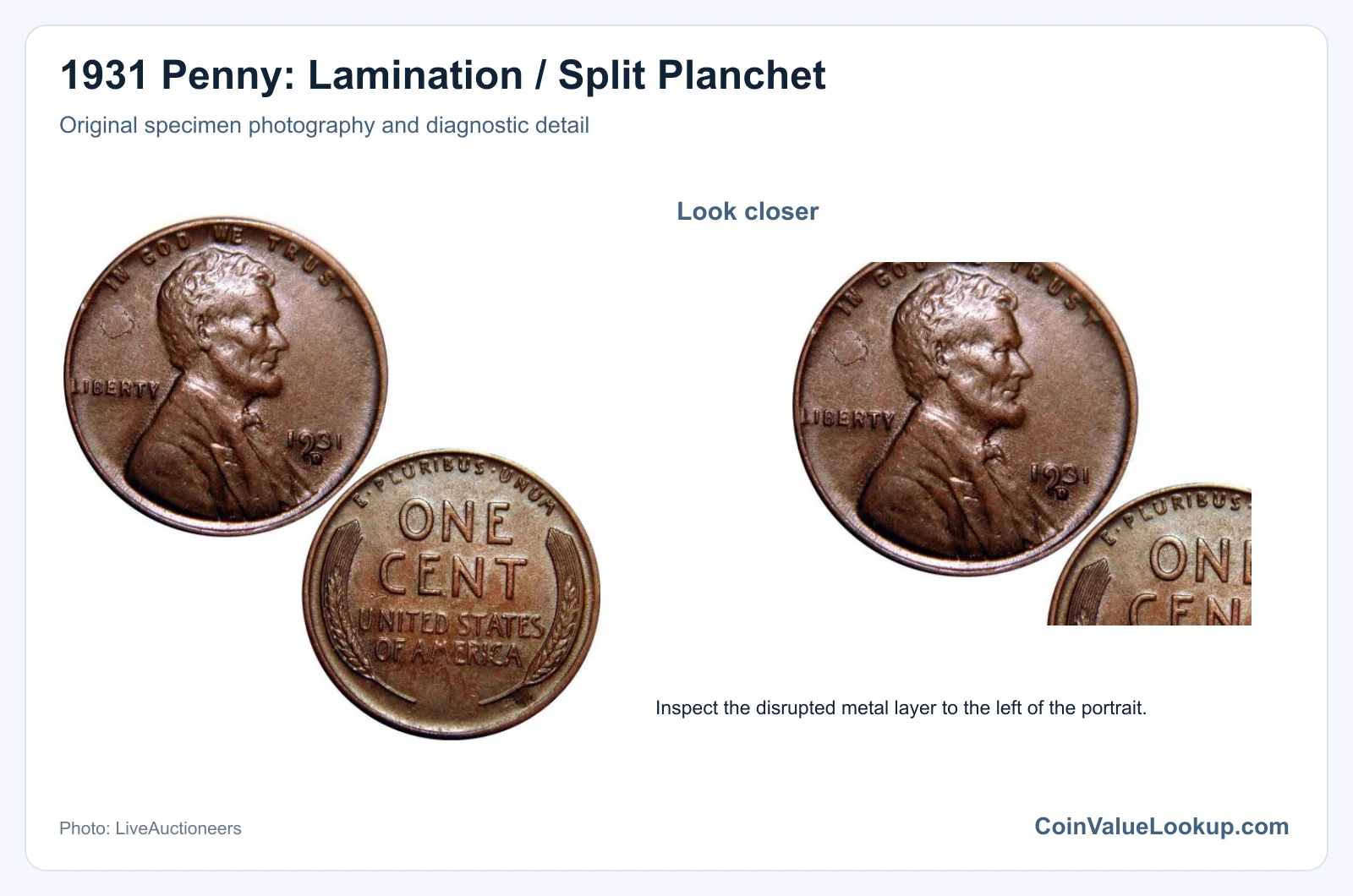 1931 Penny: Lamination / Split Planchet with diagnostic detail