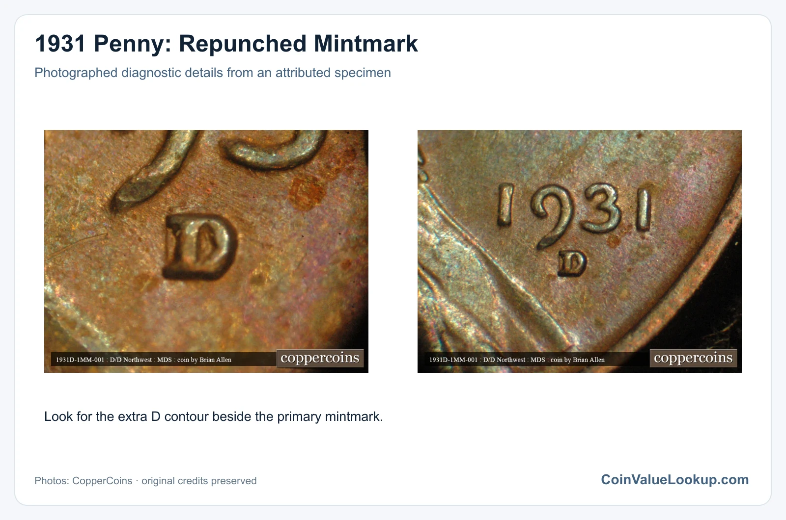 1931 Penny: Repunched Mintmark with diagnostic detail