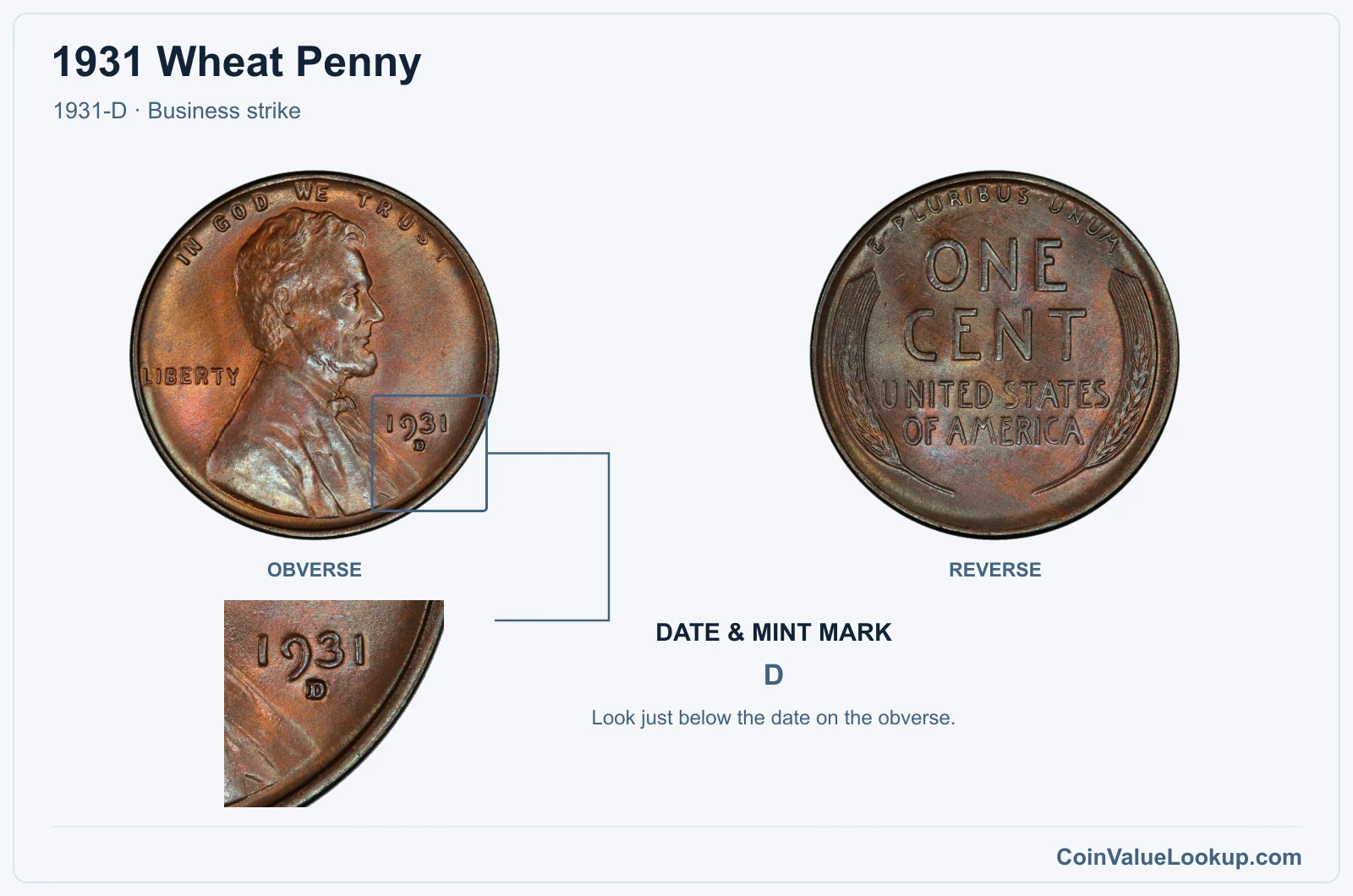 1931 Wheat Penny Coin — 1931-D, obverse and reverse, with date and mint-mark close-up