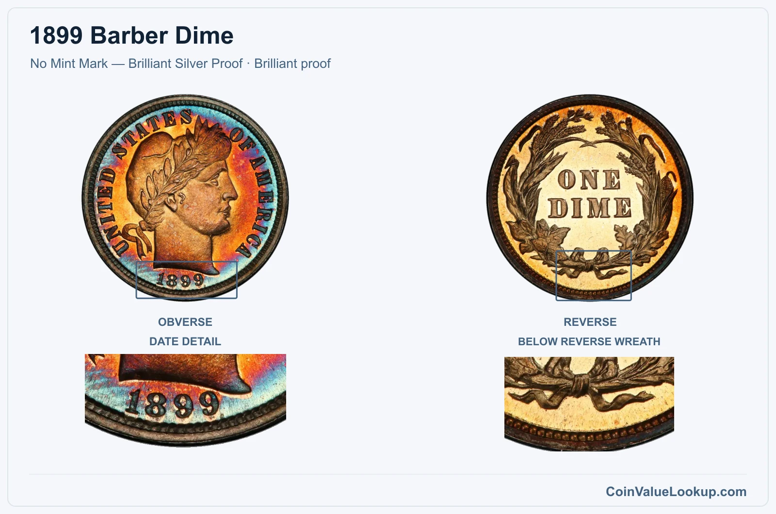 1899 Barber Dime Coin — No Mint Mark — Brilliant Silver Proof, obverse and reverse, with date and mint-location details