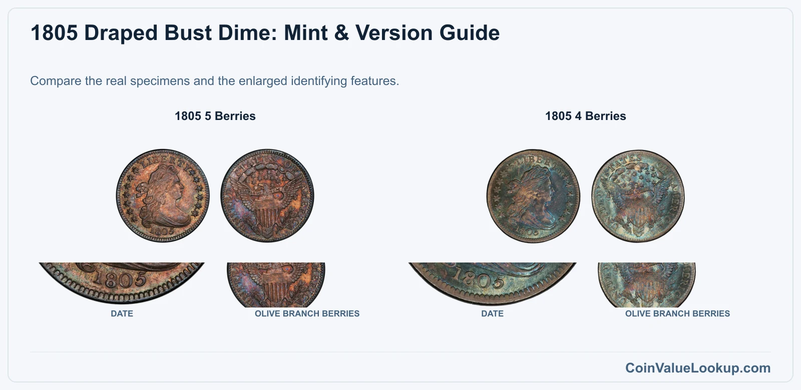 1805 Draped Bust Dime: Mint & Version Guide with all listed versions and genuine identifying details