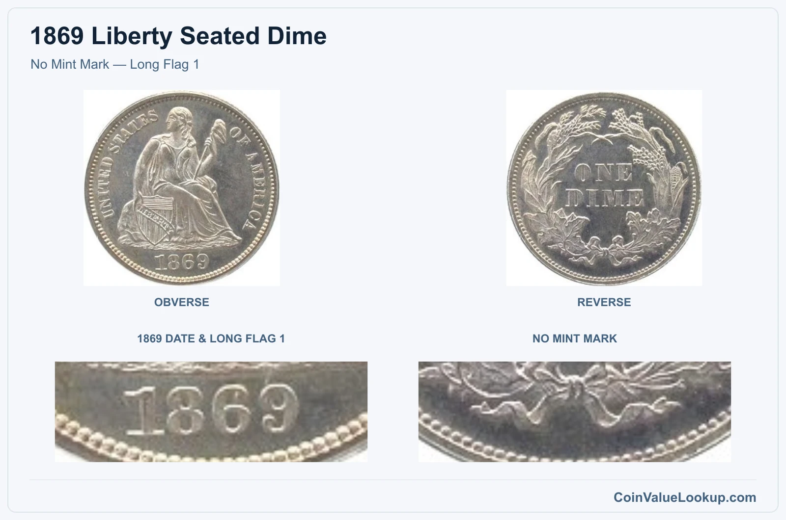 No Mint Mark — Long Flag 1 real specimen with 1869 date & long flag 1, no mint mark closeups