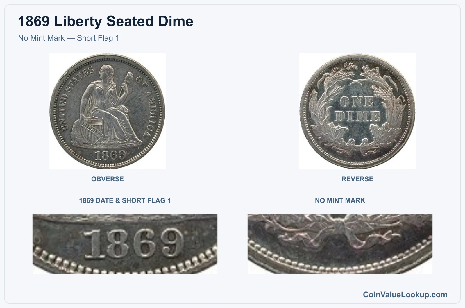 No Mint Mark — Short Flag 1 real specimen with 1869 date & short flag 1, no mint mark closeups