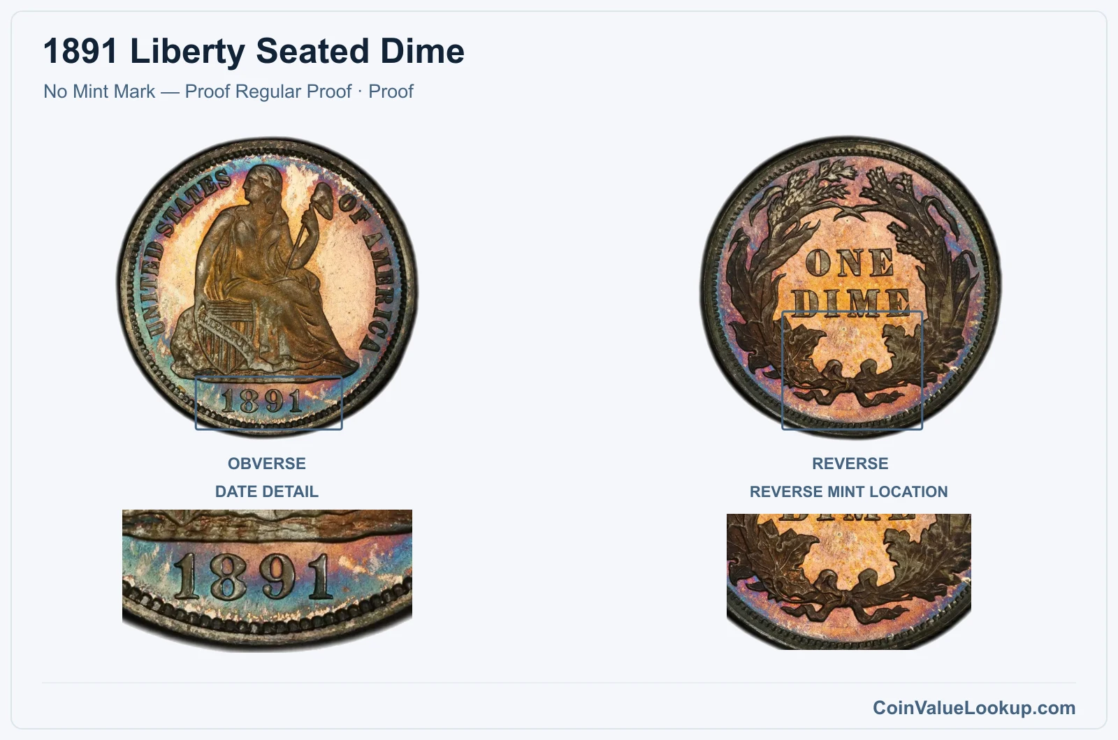 1891 Liberty Seated Dime Coin — No Mint Mark — Proof Regular Proof, obverse and reverse, with date and mint-location details