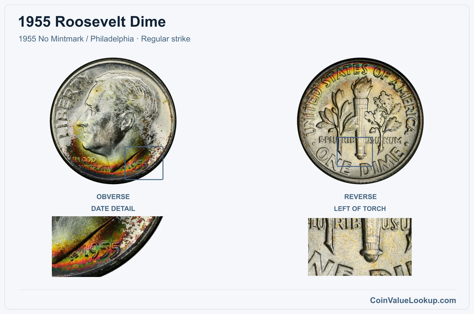 1955 Roosevelt Dime Coin — 1955 No Mintmark / Philadelphia, obverse and reverse, with date and mint-location details