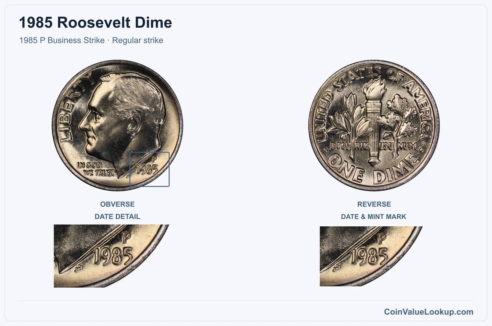 1985 Roosevelt Dime Coin — 1985 P Business Strike, obverse and reverse, with date and mint-location details