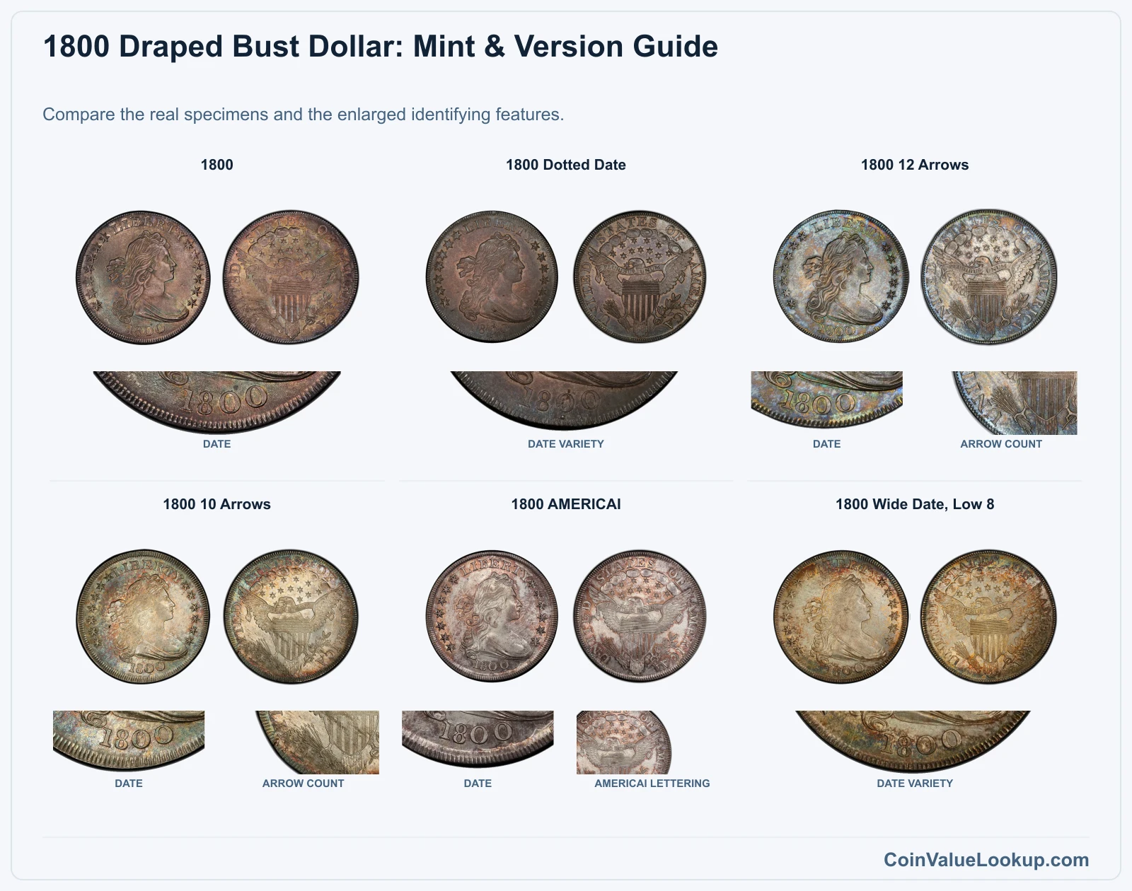 1800 Draped Bust Dollar: Mint & Version Guide with all listed versions and genuine identifying details