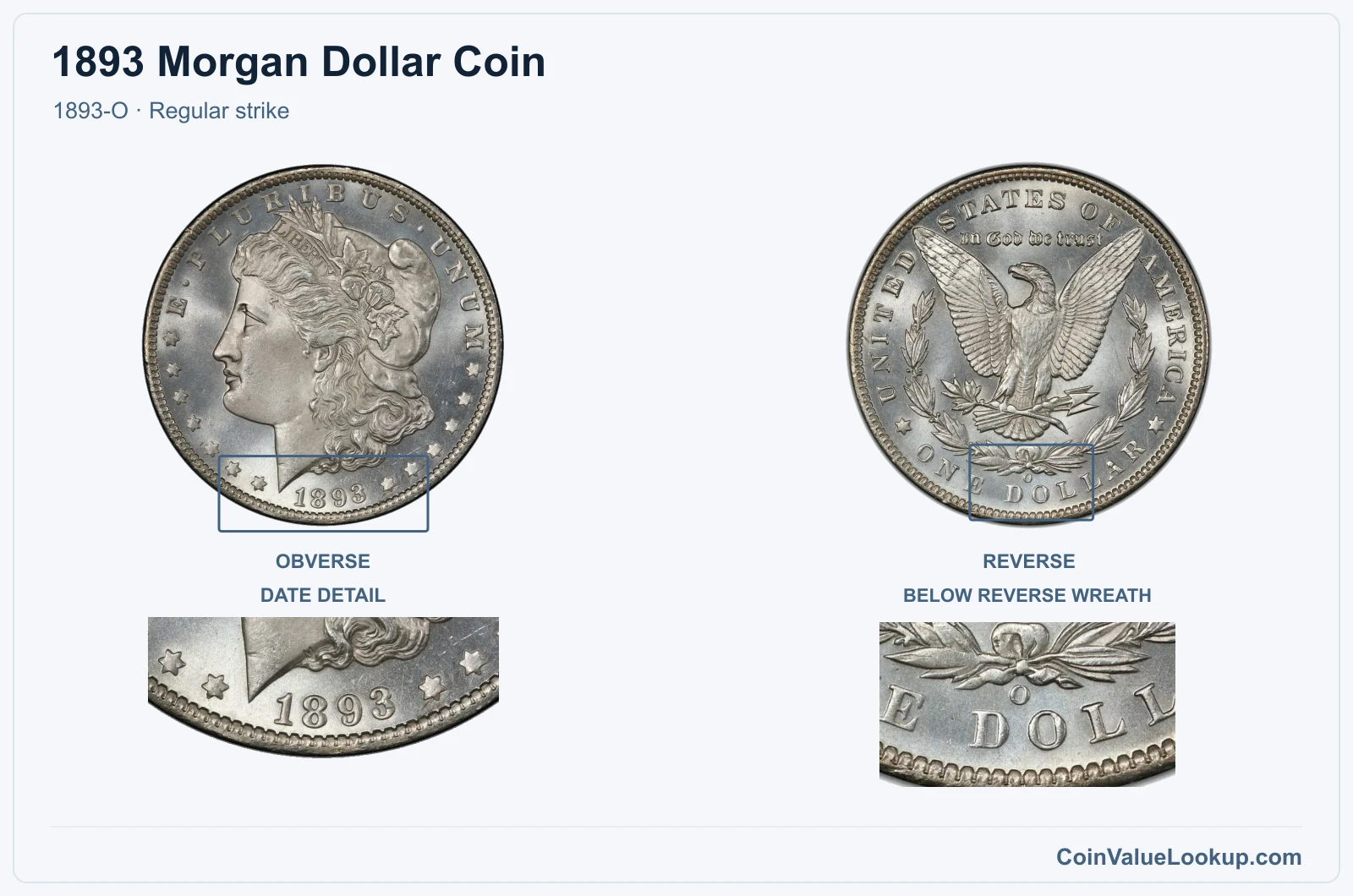 1893 Morgan Silver Dollar Coin — 1893-O, obverse and reverse, with date and mint-location details