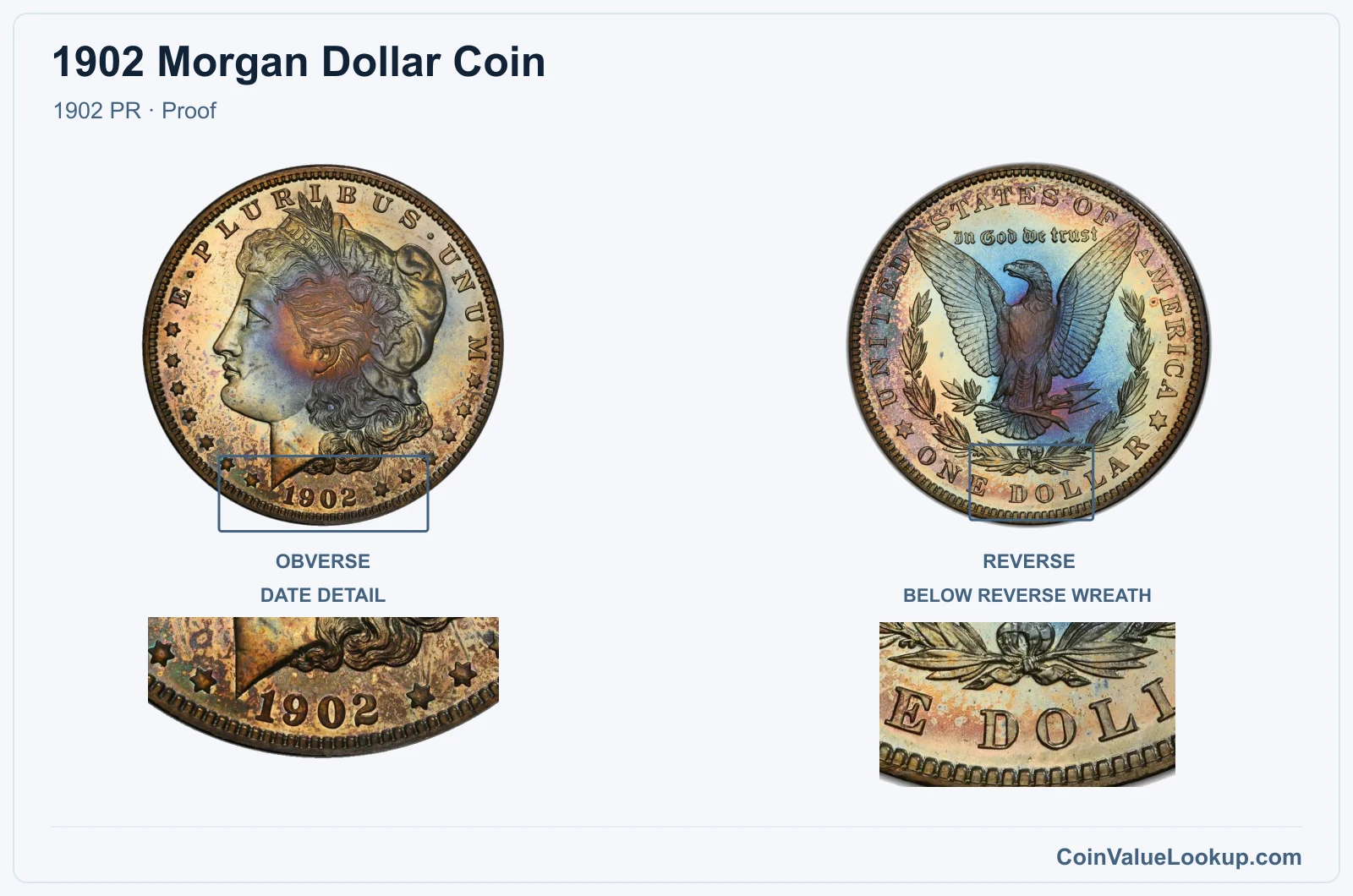 1902 Morgan Silver Dollar Coin — 1902 PR, obverse and reverse, with date and mint-location details
