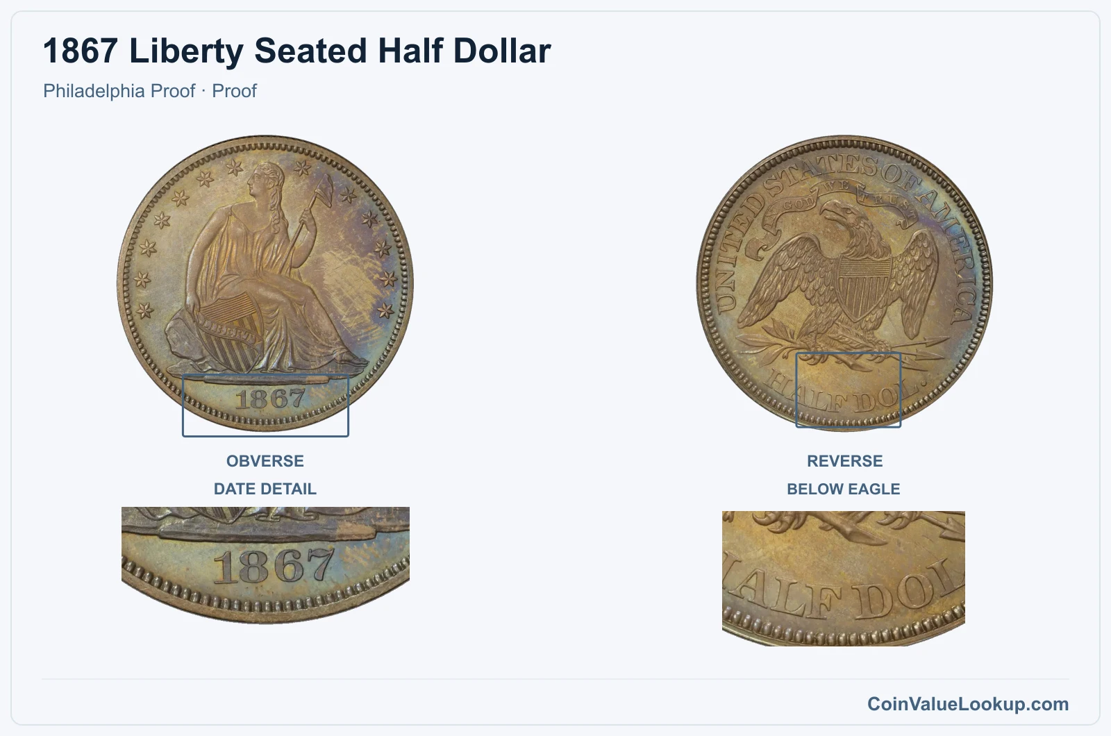 1867 Liberty Seated Half Dollar Coin — Philadelphia Proof, obverse and reverse, with date and mint-location details, with date and mint-location details