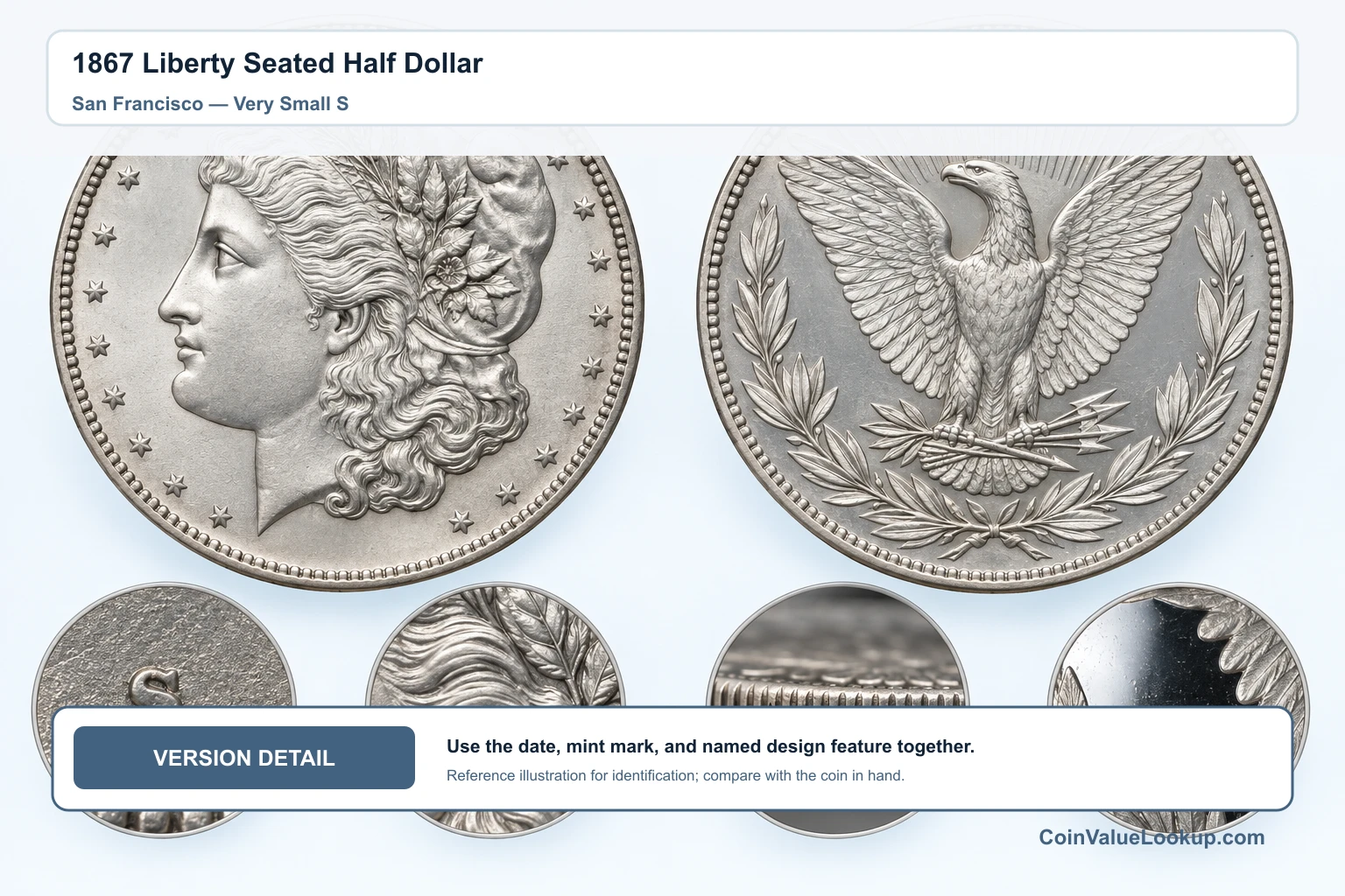 1867 Liberty Seated Half Dollar — San Francisco — Very Small S
