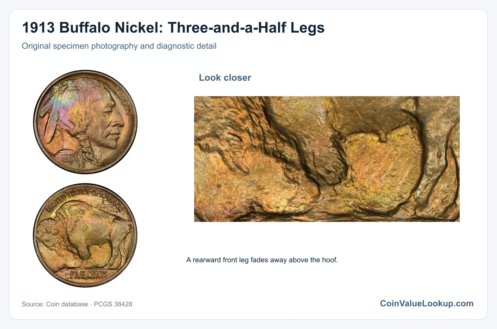 1913 Buffalo Nickel: Three-and-a-Half Legs with diagnostic detail