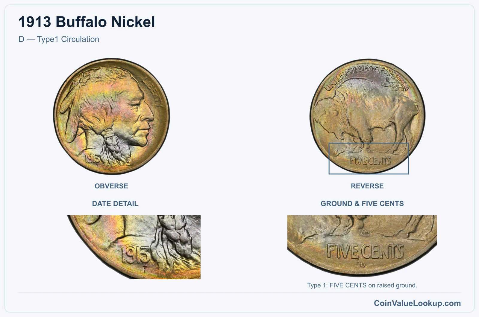 1913 Buffalo Nickel D — Type1 Circulation, with ground & five cents