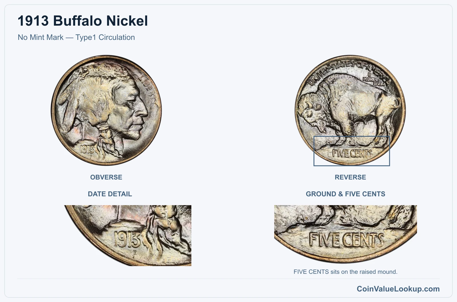 1913 Buffalo Nickel No Mint Mark — Type1 Circulation, with ground & five cents