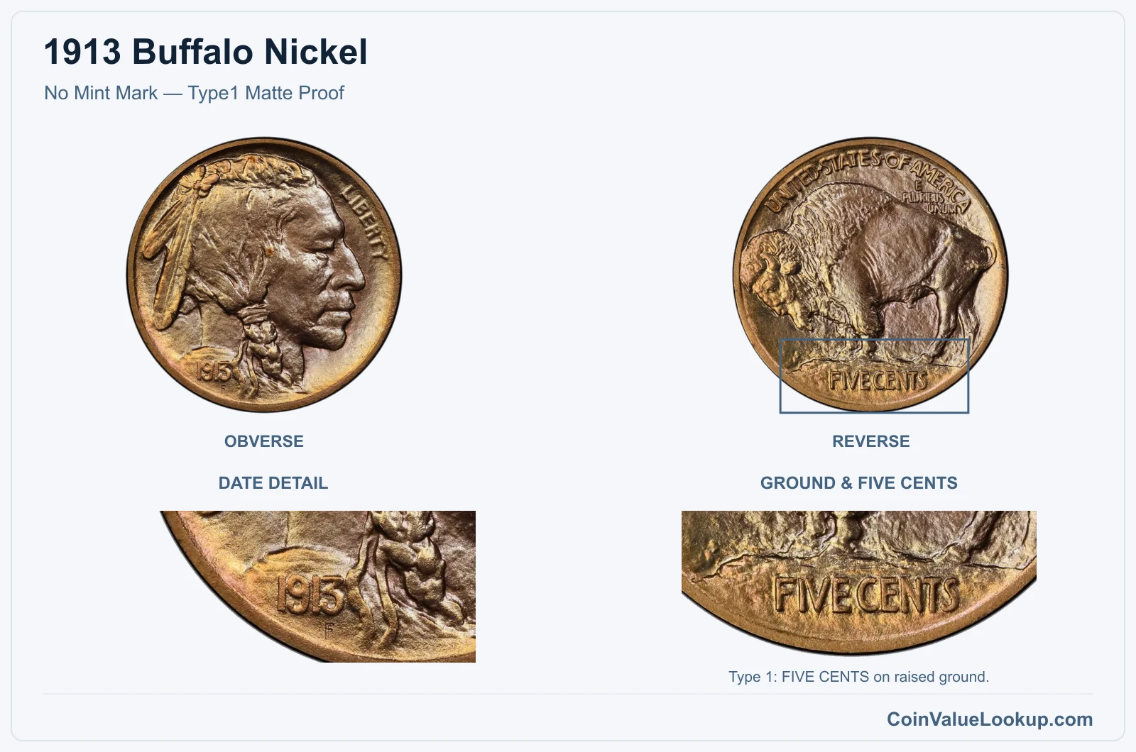 1913 Buffalo Nickel No Mint Mark — Type1 Matte Proof, with ground & five cents