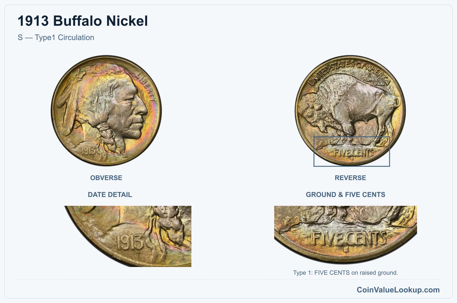 1913 Buffalo Nickel S — Type1 Circulation, with ground & five cents