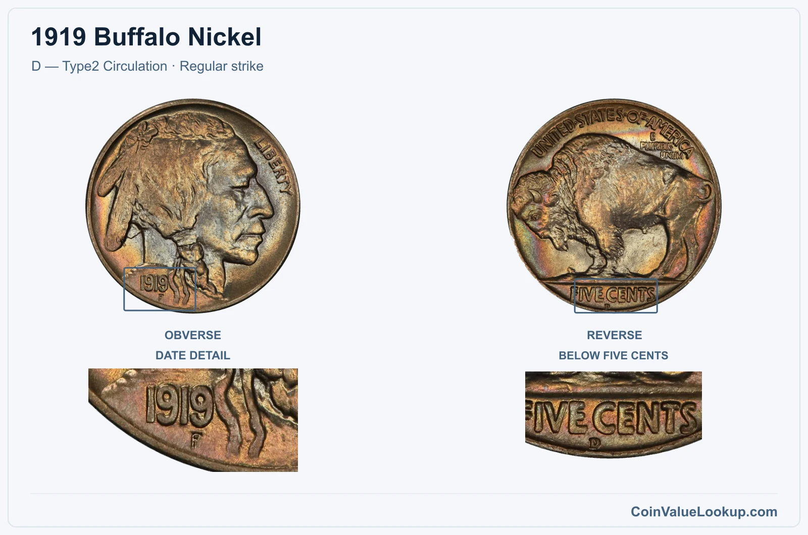 1919 Buffalo Nickel Coin — D — Type2 Circulation, obverse and reverse, with date and mint-location details