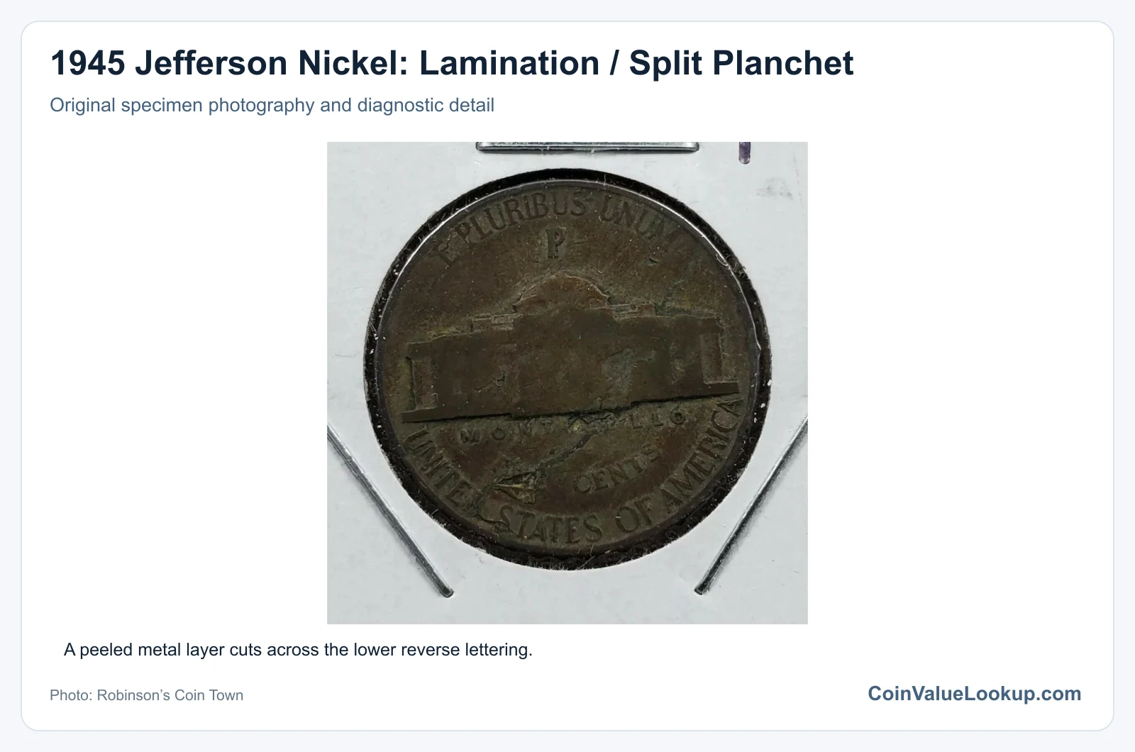 1945 Jefferson Nickel: Lamination / Split Planchet with diagnostic detail