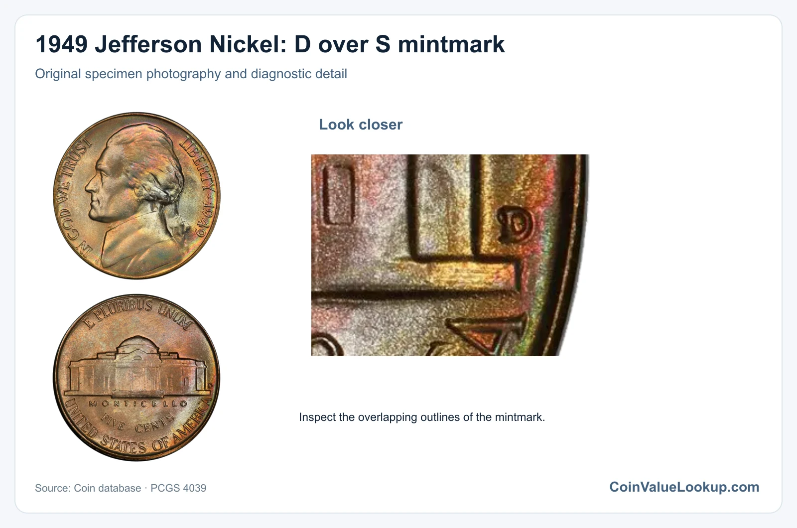 1949 Jefferson Nickel: D over S mintmark with diagnostic detail