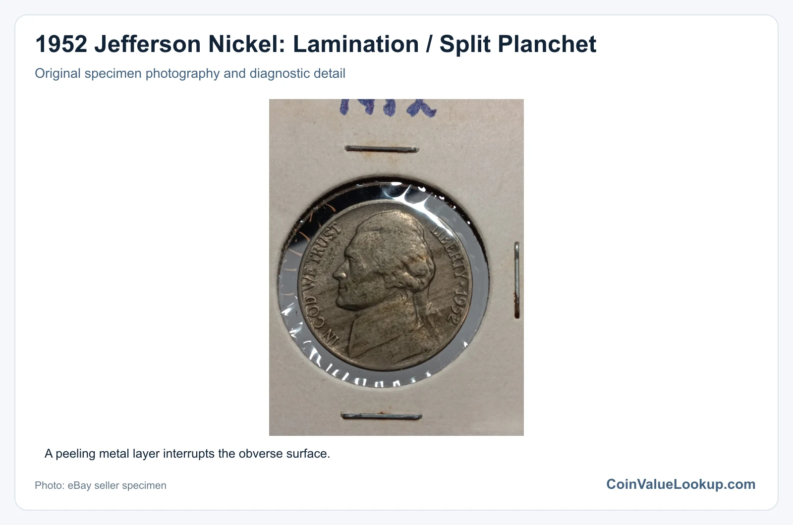 1952 Jefferson Nickel: Lamination / Split Planchet with diagnostic detail