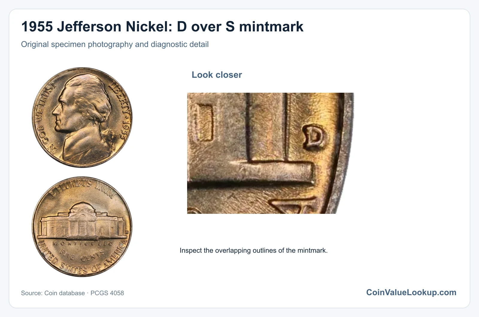 1955 Jefferson Nickel: D over S mintmark with diagnostic detail