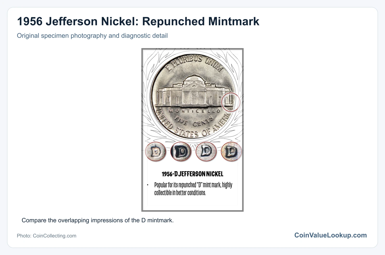 1956 Jefferson Nickel: Repunched Mintmark with diagnostic detail