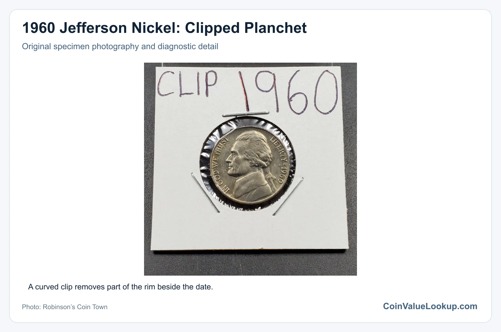 1960 Jefferson Nickel: Clipped Planchet with diagnostic detail
