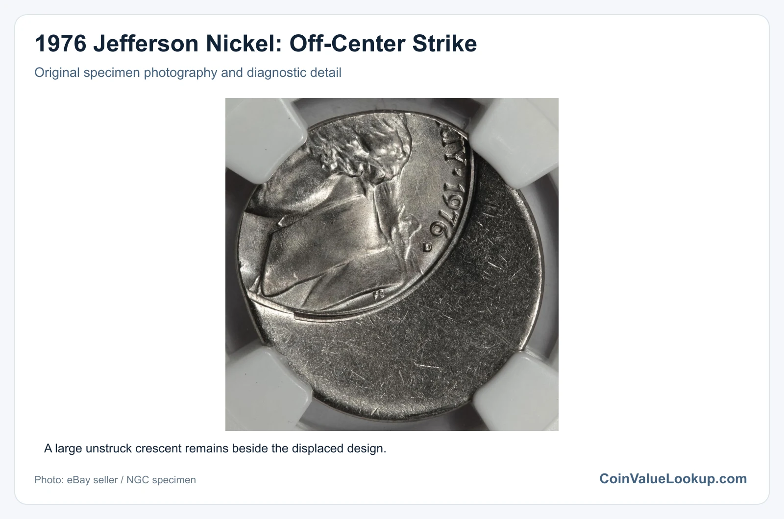 1976 Jefferson Nickel: Off-Center Strike with diagnostic detail