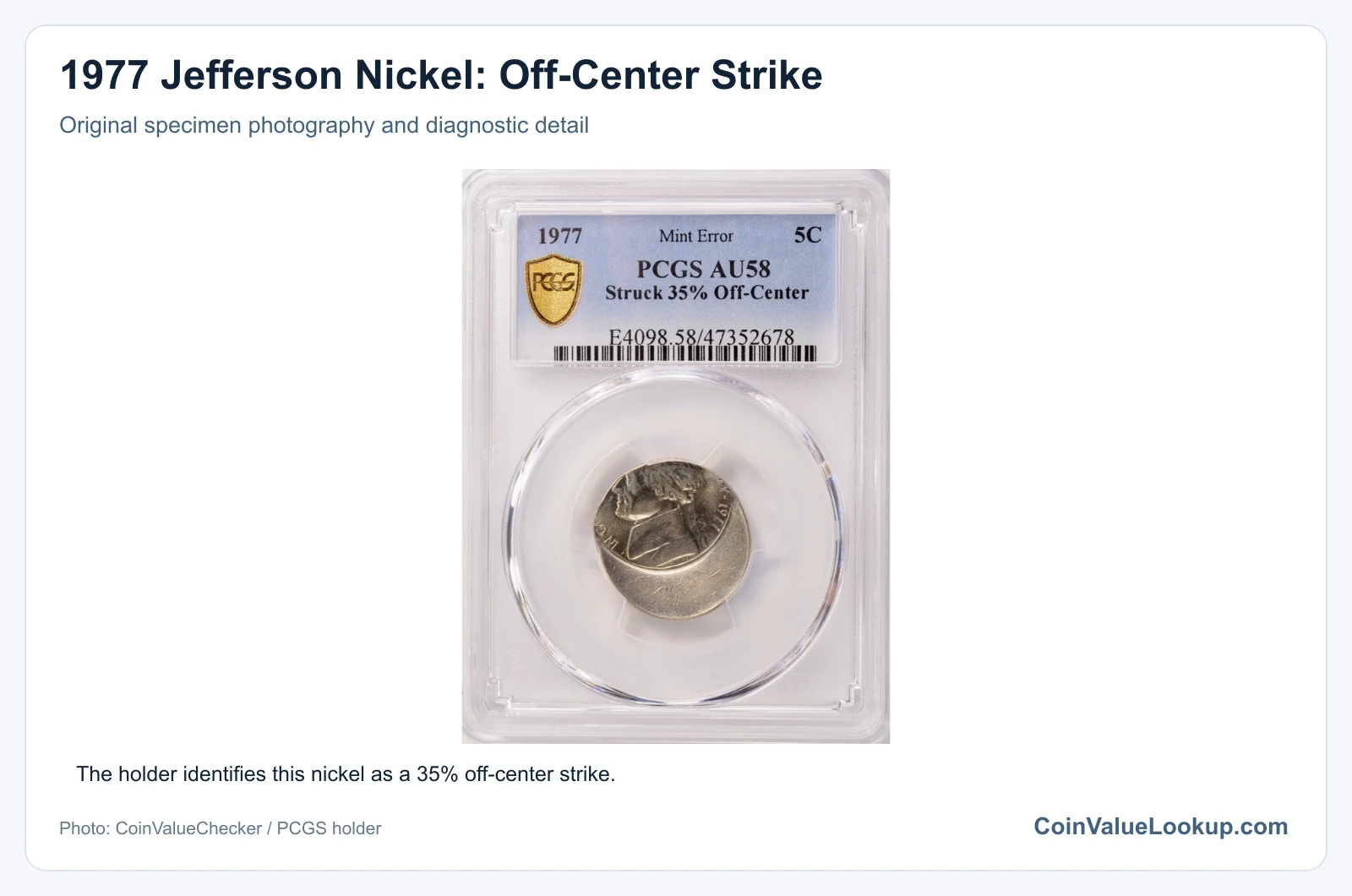 1977 Jefferson Nickel: Off-Center Strike with diagnostic detail