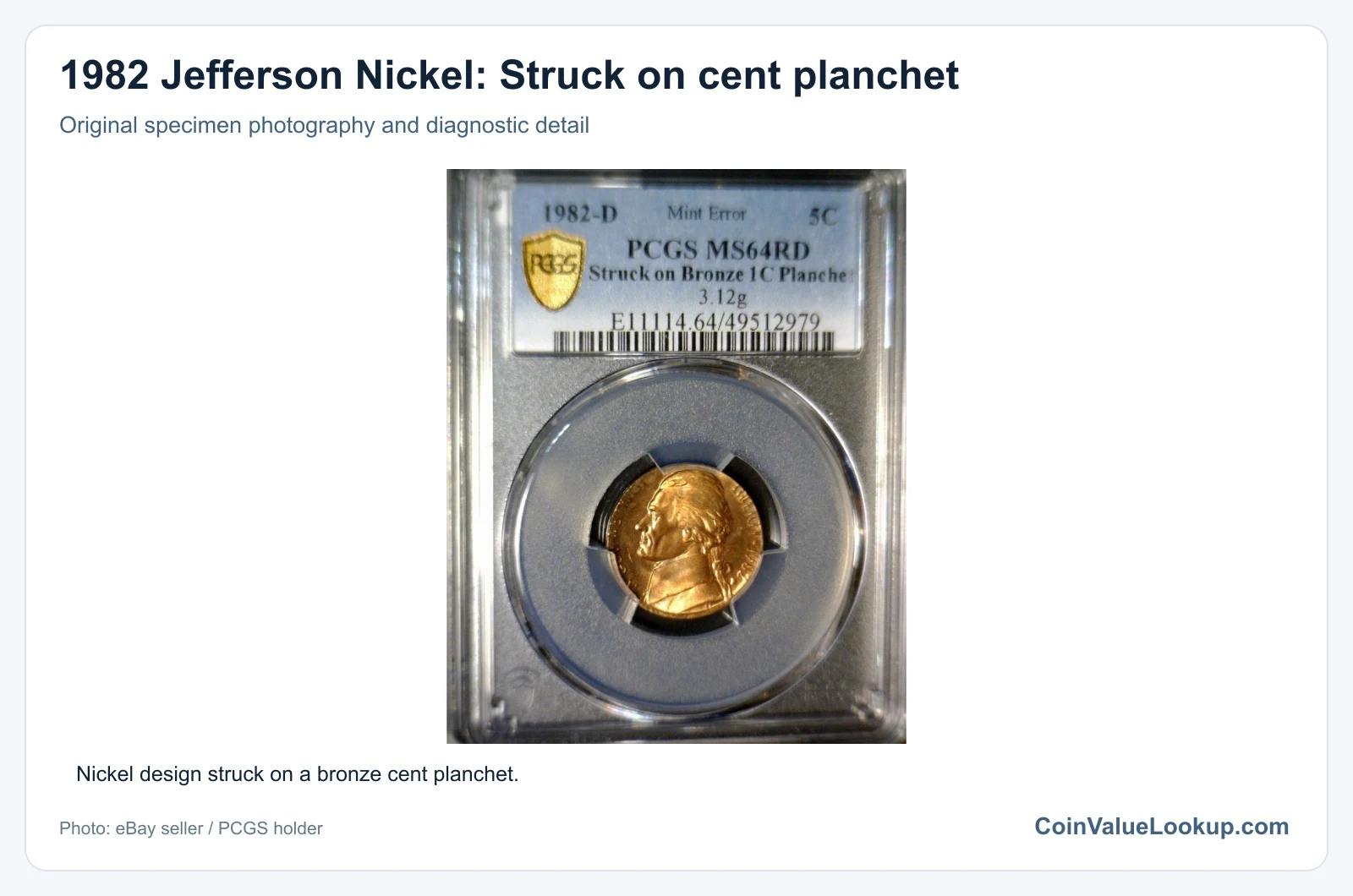 1982 Jefferson Nickel: Struck on cent planchet with diagnostic detail